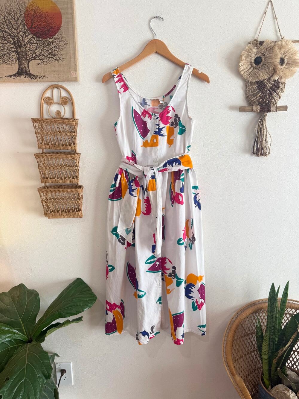 80s Fruit Print Button Front Midi Dress size 4